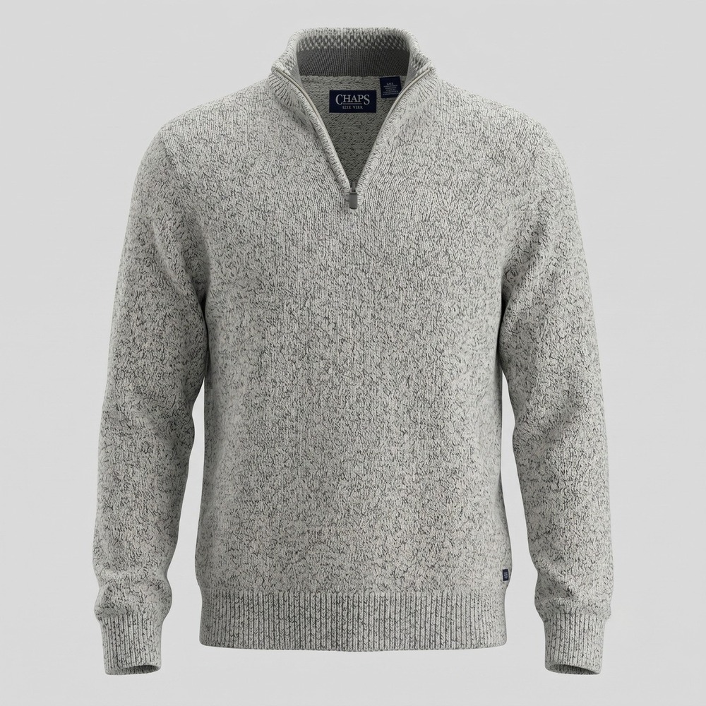 Chaps Mens Large Grey Quarter Zip Sweater Marled Cotton Blend Pullover Mock Neck